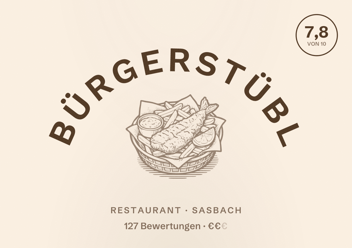 Illustriertes Poster von Bürgerstübl, Restaurant in Sasbach: Bewertung 7,8 von 10 aus 127 Bewertungen, Preisniveau €€