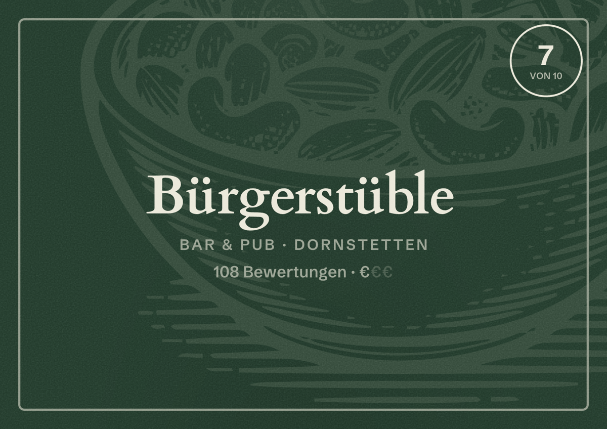 Illustriertes Poster von Bürgerstüble, Bar & Pub in Dornstetten: Bewertung 7 von 10 aus 108 Bewertungen, Preisniveau €