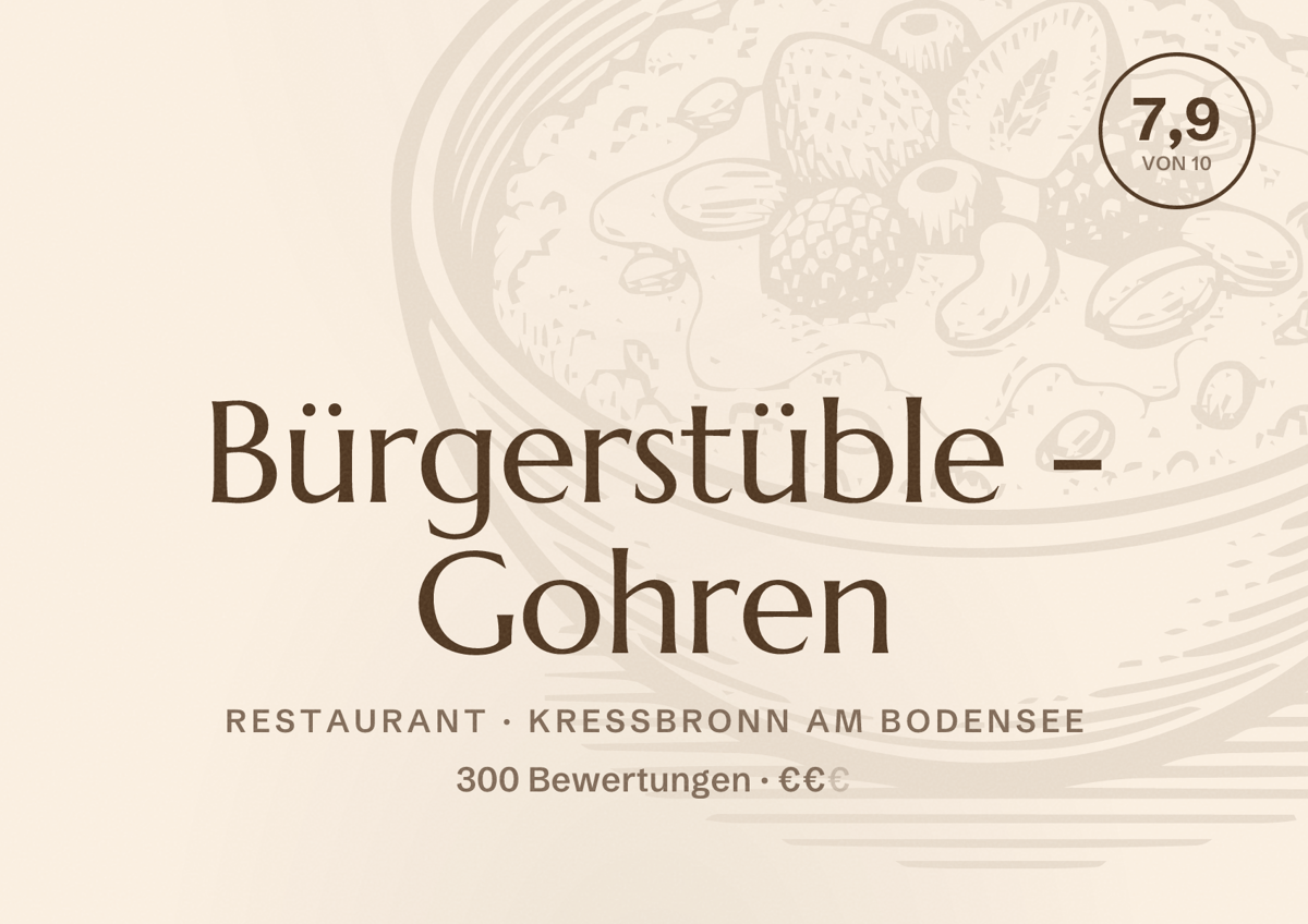 Illustriertes Poster von Bürgerstüble - Gohren, Restaurant in Kressbronn am Bodensee: Bewertung 7,9 von 10 aus 300 Bewertungen, Preisniveau €€