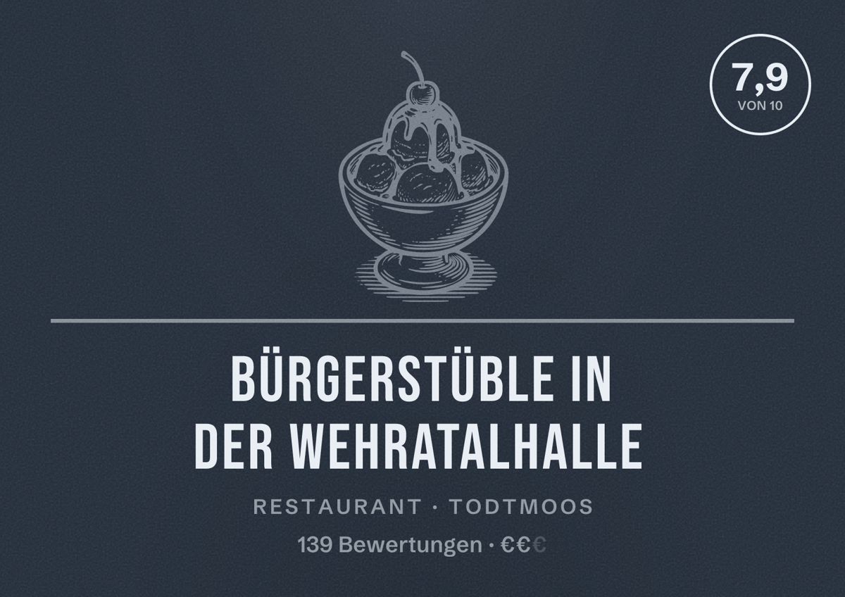 Illustriertes Poster von Bürgerstüble in der Wehratalhalle, Restaurant in Todtmoos: Bewertung 7,9 von 10 aus 139 Bewertungen, Preisniveau €€
