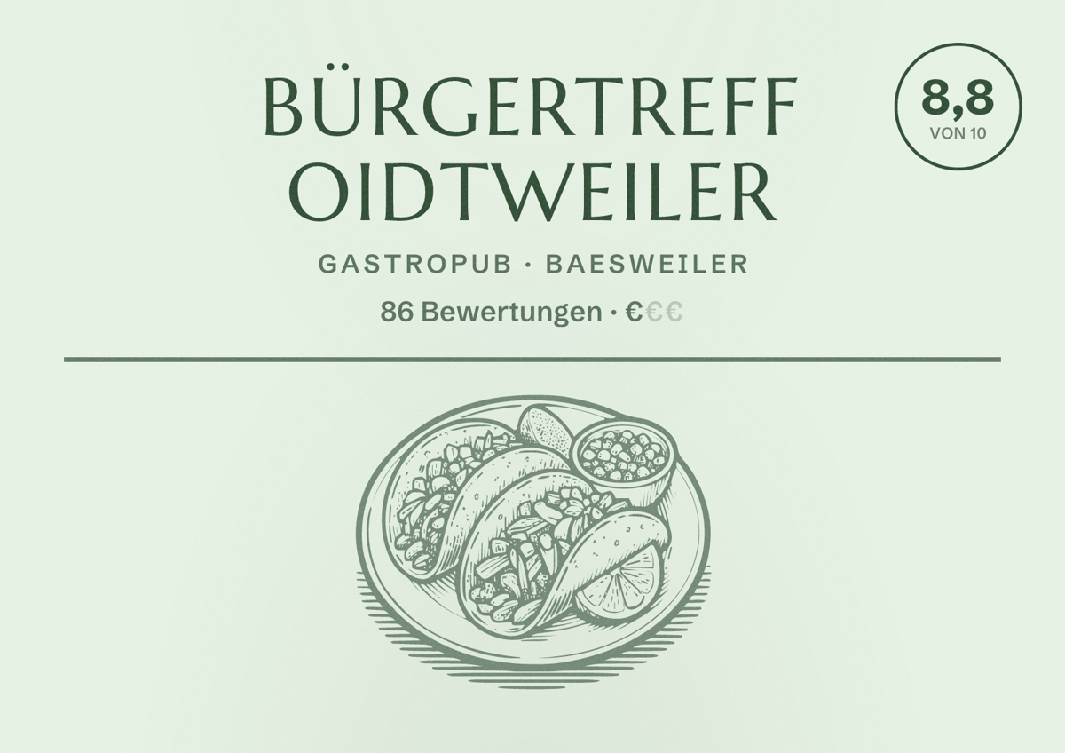 Illustriertes Poster von Bürgertreff Oidtweiler, Gastropub in Baesweiler: Bewertung 8,8 von 10 aus 86 Bewertungen, Preisniveau €