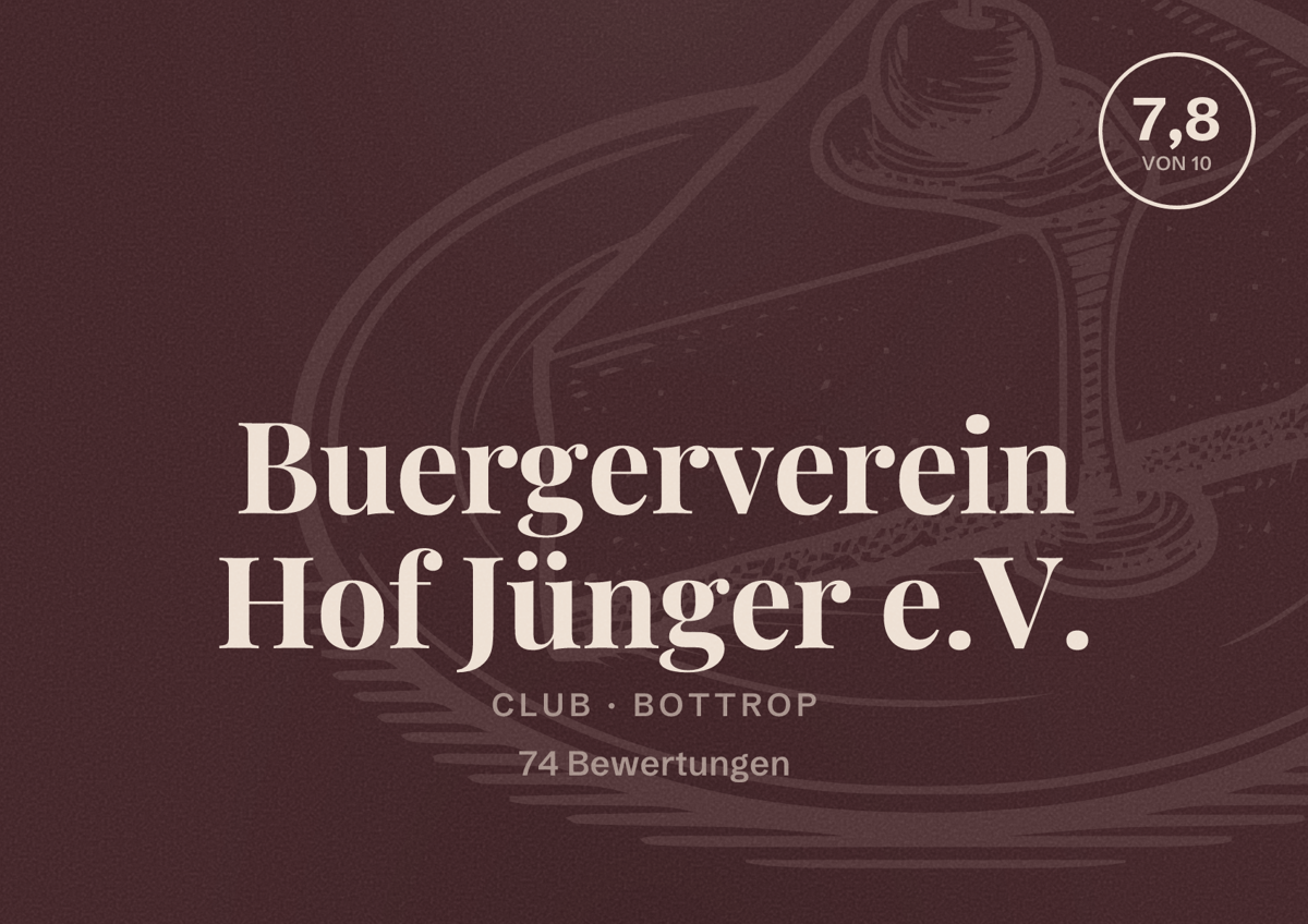 Illustriertes Poster von Buergerverein Hof Jünger e.V., Club in Bottrop: Bewertung 7,8 von 10 aus 74 Bewertungen