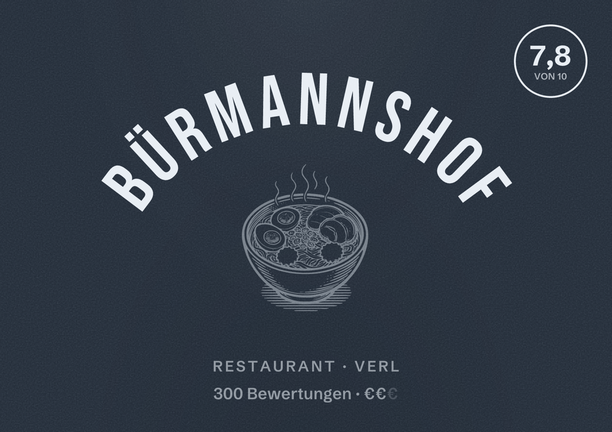 Illustriertes Poster von Bürmannshof, Restaurant in Verl: Bewertung 7,8 von 10 aus 300 Bewertungen, Preisniveau €€