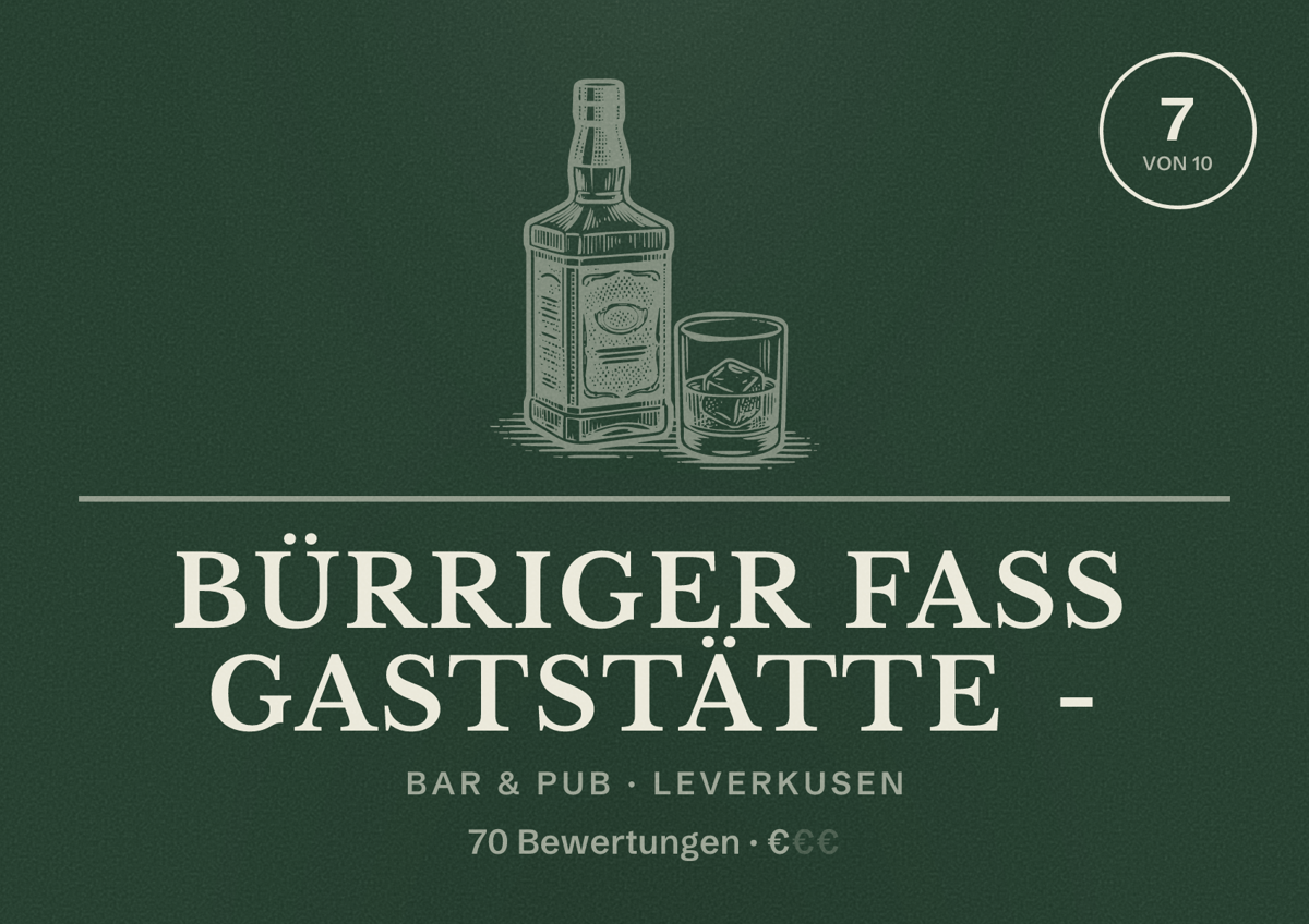 Illustriertes Poster von Bürriger Fass Gaststätte -, Bar & Pub in Leverkusen: Bewertung 7 von 10 aus 70 Bewertungen, Preisniveau €