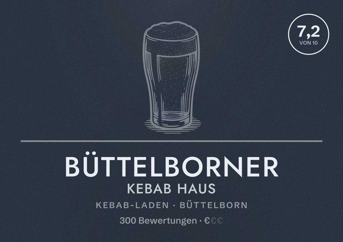 Illustriertes Poster von Büttelborner Kebab Haus, Kebab-Laden in Büttelborn: Bewertung 7,2 von 10 aus 300 Bewertungen, Preisniveau €