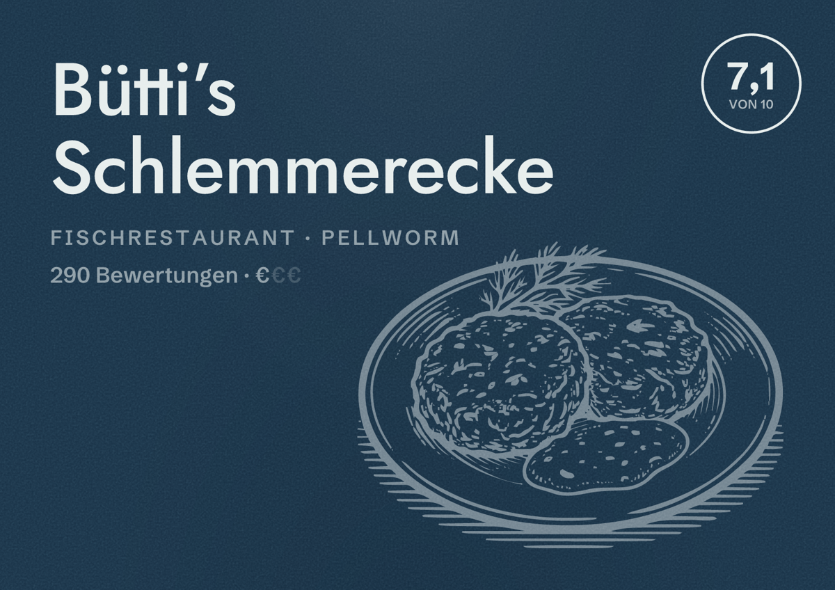 Illustriertes Poster von Bütti’s Schlemmerecke, Fischrestaurant in Pellworm: Bewertung 7,1 von 10 aus 290 Bewertungen, Preisniveau €