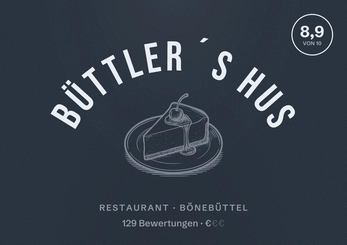 Illustriertes Poster von Büttler´s Hus, Restaurant in Bönebüttel: Bewertung 8,9 von 10 aus 129 Bewertungen, Preisniveau €
