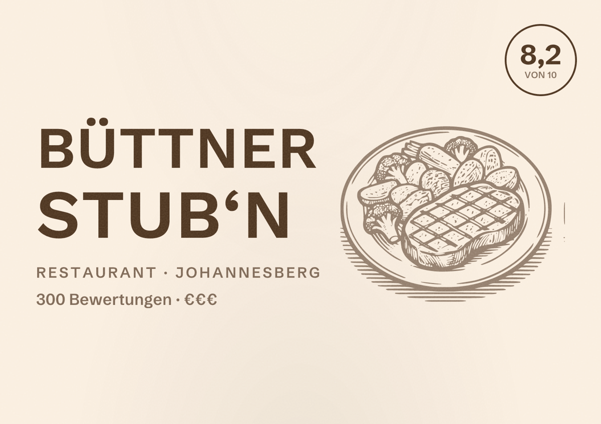 Illustriertes Poster von Büttner Stub‘n, Restaurant in Johannesberg: Bewertung 8,2 von 10 aus 300 Bewertungen, Preisniveau €€€