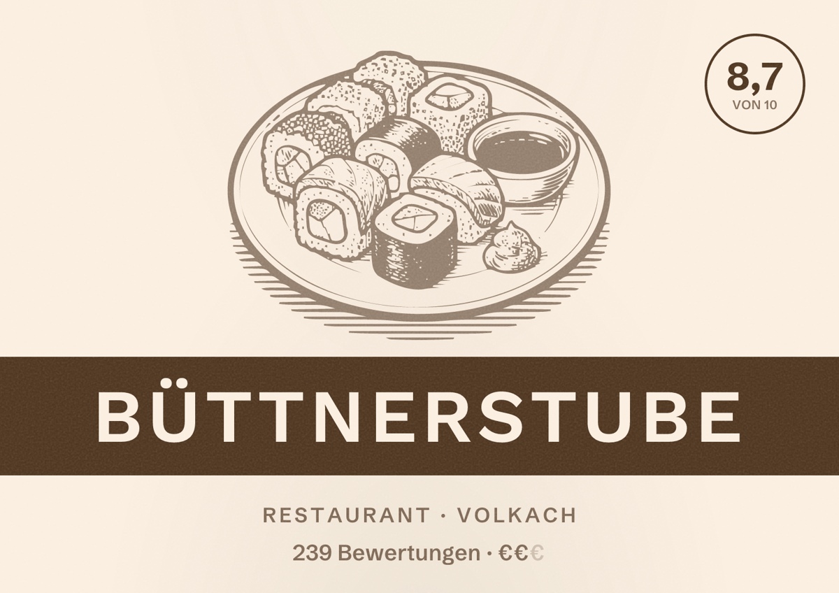 Illustriertes Poster von Büttnerstube, Restaurant in Volkach: Bewertung 8,7 von 10 aus 239 Bewertungen, Preisniveau €€