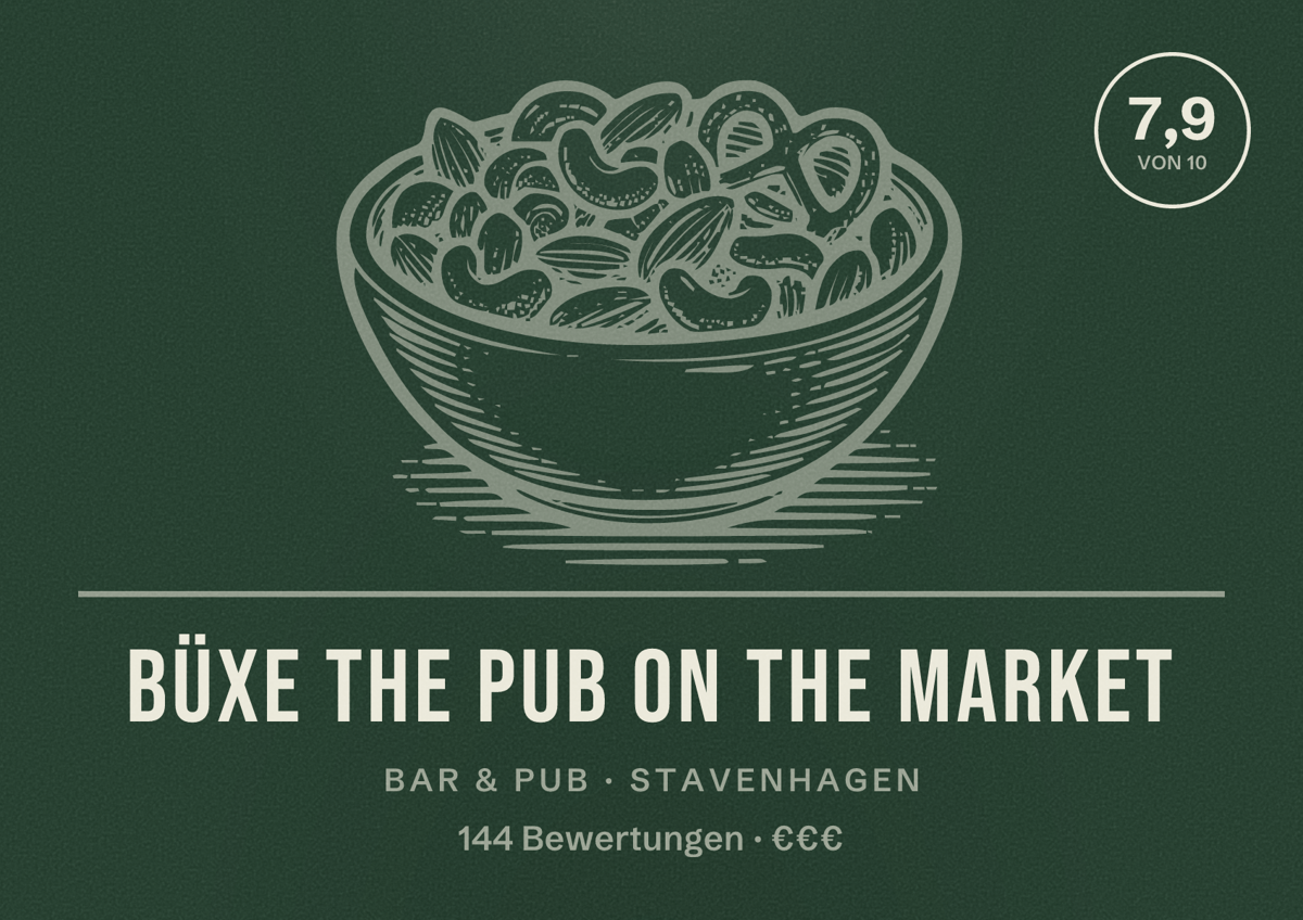 Illustriertes Poster von Büxe The pub on the market, Bar & Pub in Stavenhagen: Bewertung 7,9 von 10 aus 144 Bewertungen, Preisniveau €€€