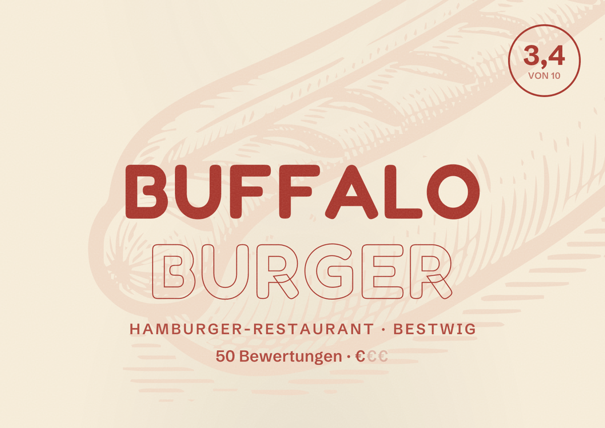 Illustriertes Poster von Buffalo Burger, Hamburger-Restaurant in Bestwig: Bewertung 3,4 von 10 aus 50 Bewertungen, Preisniveau €