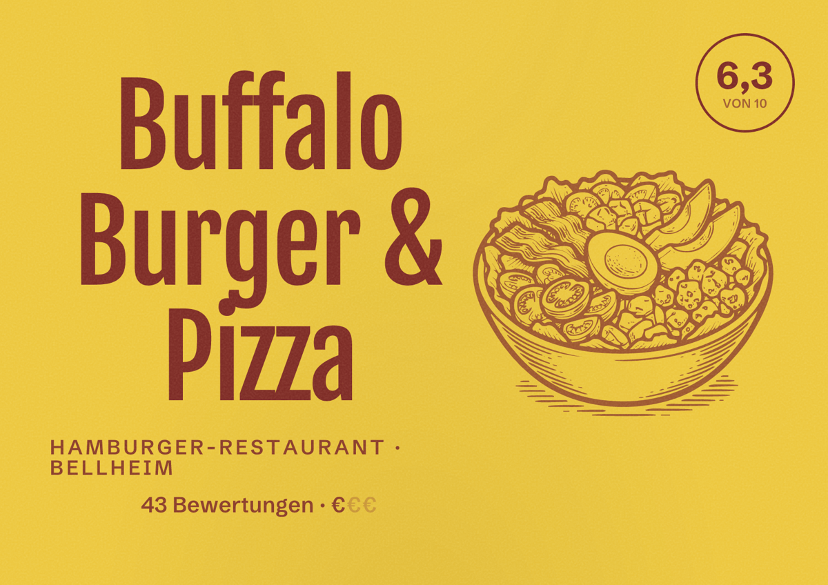 Illustriertes Poster von Buffalo Burger & Pizza, Hamburger-Restaurant in Bellheim: Bewertung 6,3 von 10 aus 43 Bewertungen, Preisniveau €