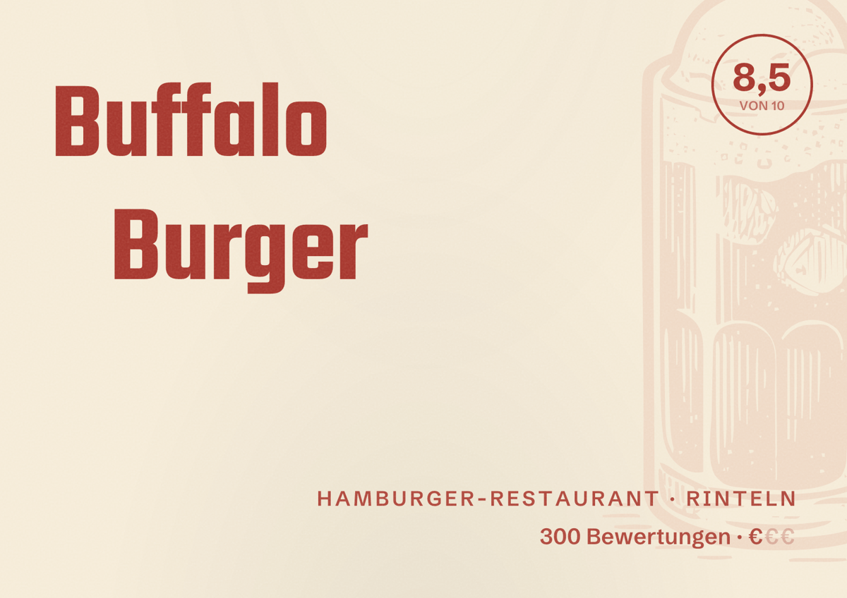 Illustriertes Poster von Buffalo Burger, Hamburger-Restaurant in Rinteln: Bewertung 8,5 von 10 aus 300 Bewertungen, Preisniveau €
