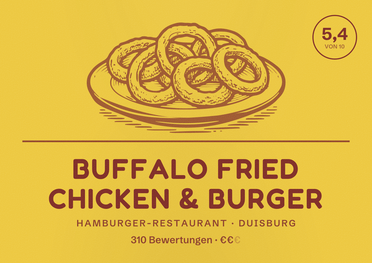 Illustriertes Poster von Buffalo Fried Chicken & Burger, Hamburger-Restaurant in Duisburg: Bewertung 5,4 von 10 aus 310 Bewertungen, Preisniveau €€