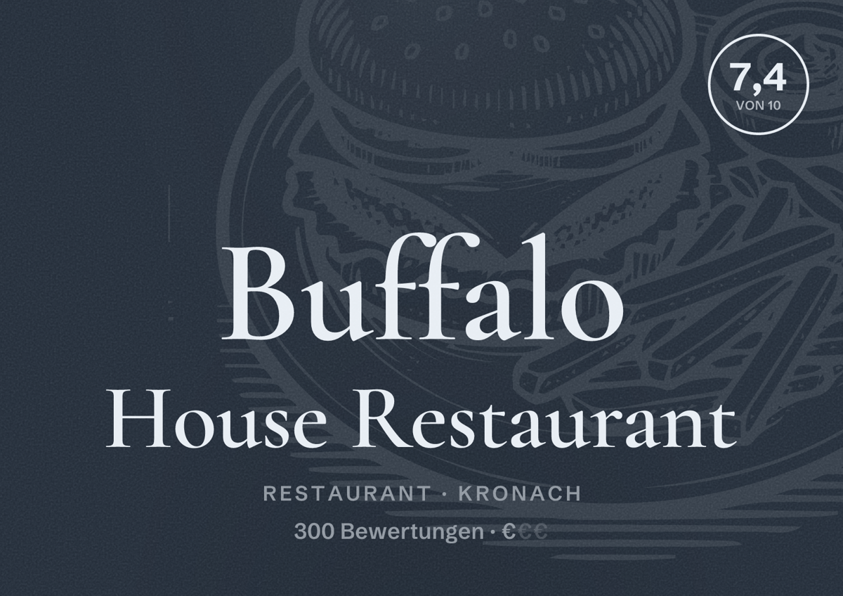 Illustriertes Poster von Buffalo House Restaurant, Restaurant in Kronach: Bewertung 7,4 von 10 aus 300 Bewertungen, Preisniveau €