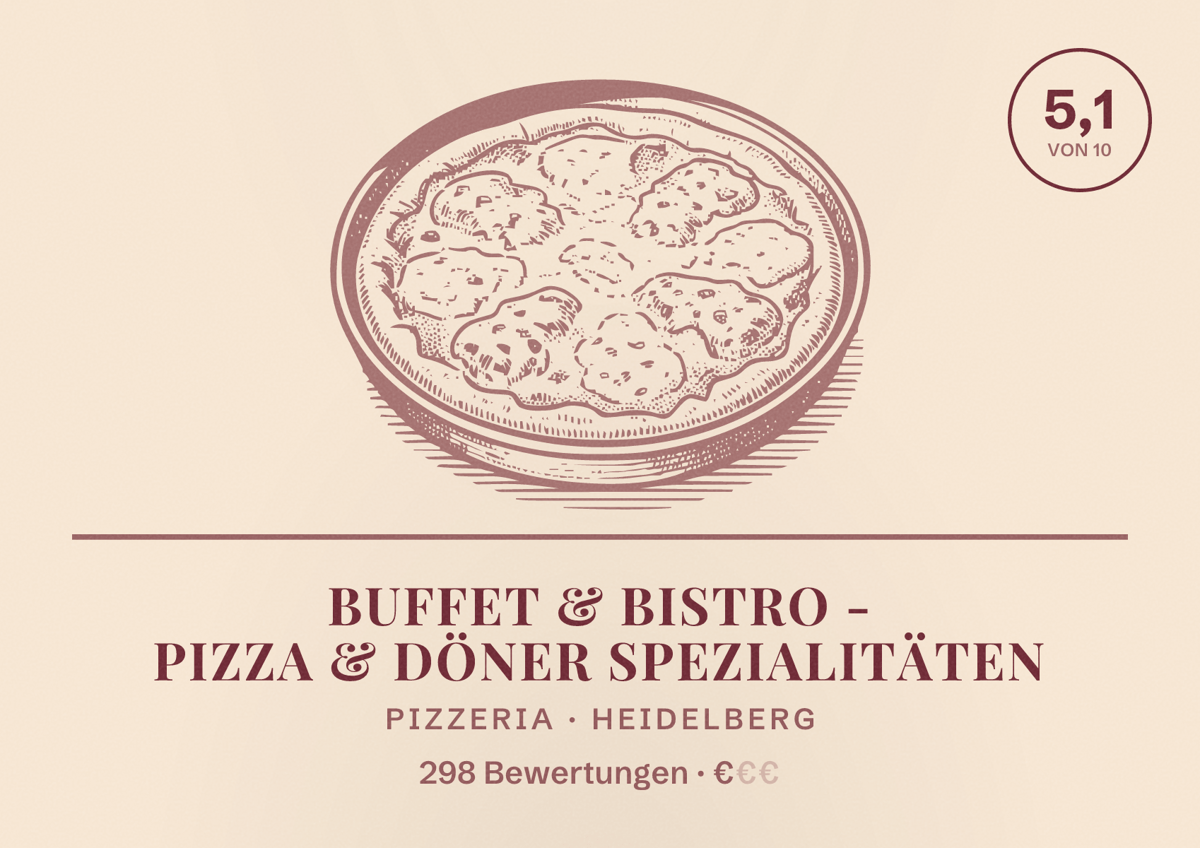 Illustriertes Poster von Buffet & Bistro - Pizza & Döner Spezialitäten, Pizzeria in Heidelberg: Bewertung 5,1 von 10 aus 298 Bewertungen, Preisniveau €