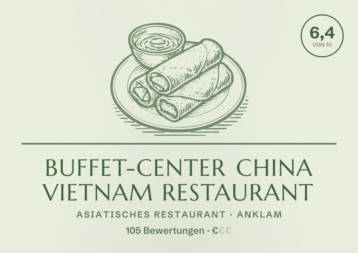Illustriertes Poster von Buffet-Center China Vietnam Restaurant, Asiatisches Restaurant in Anklam: Bewertung 6,4 von 10 aus 105 Bewertungen, Preisniveau €