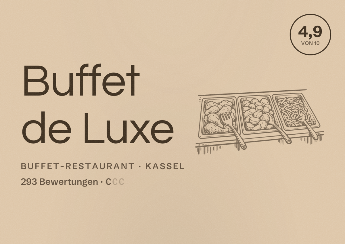 Illustriertes Poster von Buffet de Luxe, Buffet-Restaurant in Kassel: Bewertung 4,9 von 10 aus 293 Bewertungen, Preisniveau €