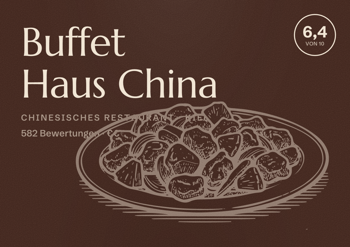 Illustriertes Poster von Buffet Haus China, Chinesisches Restaurant in Kiel: Bewertung 6,4 von 10 aus 582 Bewertungen, Preisniveau €€