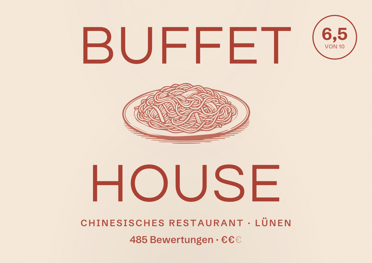 Illustriertes Poster von Buffet House, Chinesisches Restaurant in Lünen: Bewertung 6,5 von 10 aus 485 Bewertungen, Preisniveau €€