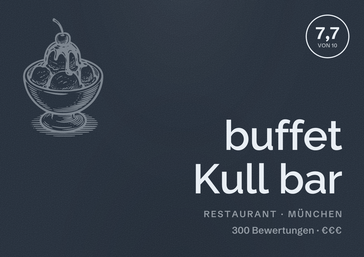 Illustriertes Poster von buffet Kull bar, Restaurant in München: Bewertung 7,7 von 10 aus 300 Bewertungen, Preisniveau €€€