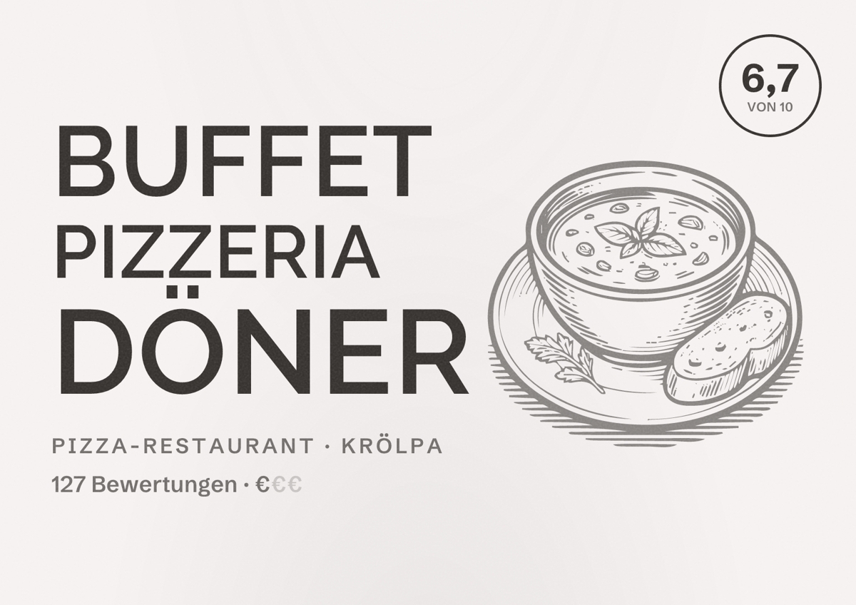 Illustriertes Poster von Buffet Pizzeria Döner, Pizza-Restaurant in Krölpa: Bewertung 6,7 von 10 aus 127 Bewertungen, Preisniveau €