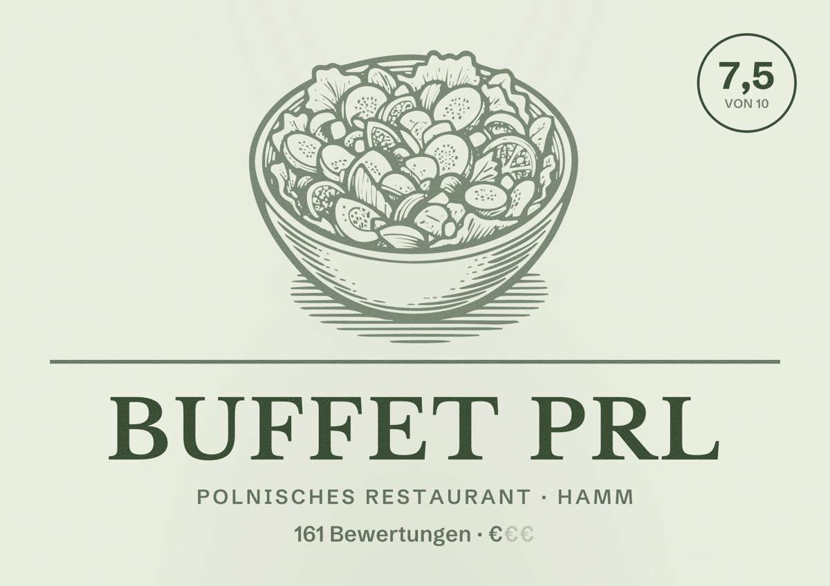 Illustriertes Poster von Buffet PRL, Polnisches Restaurant in Hamm: Bewertung 7,5 von 10 aus 161 Bewertungen, Preisniveau €