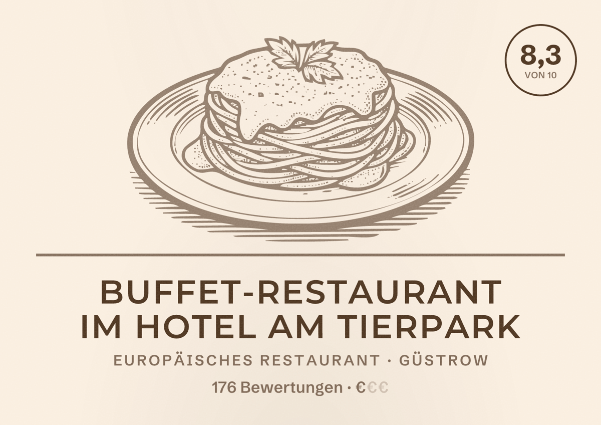 Illustriertes Poster von Buffet-Restaurant im Hotel am Tierpark, Europäisches Restaurant in Güstrow: Bewertung 8,3 von 10 aus 176 Bewertungen, Preisniveau €