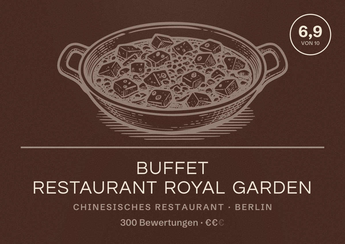 Illustriertes Poster von Buffet Restaurant Royal Garden, Chinesisches Restaurant in Berlin: Bewertung 6,9 von 10 aus 300 Bewertungen, Preisniveau €€