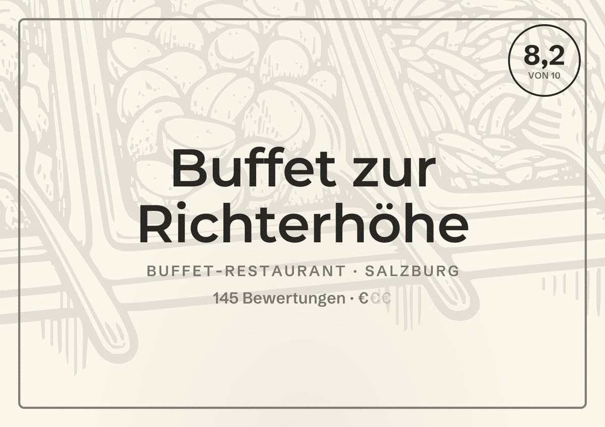 Illustriertes Poster von Buffet zur Richterhöhe, Buffet-Restaurant in Salzburg: Bewertung 8,2 von 10 aus 145 Bewertungen, Preisniveau €
