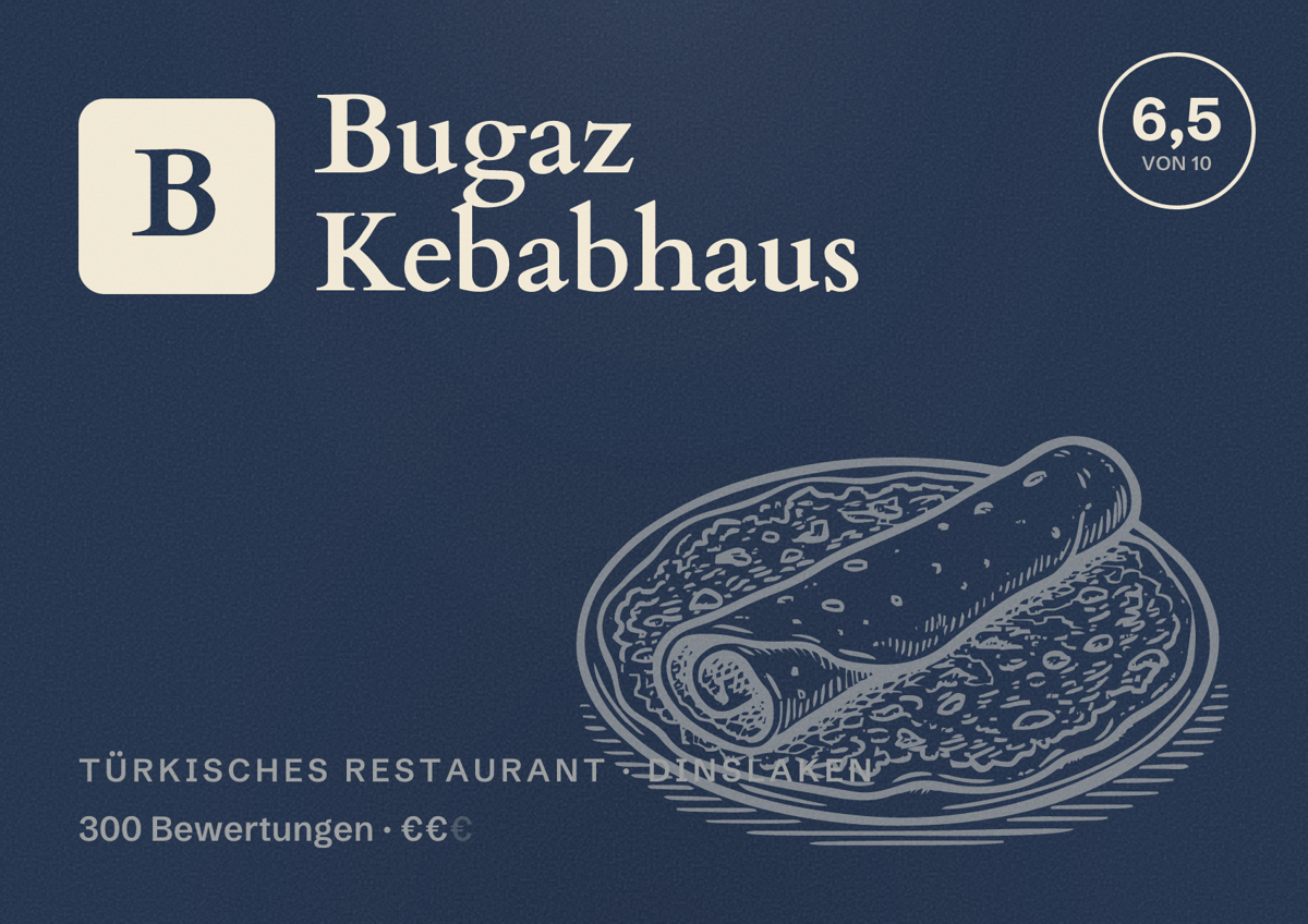 Illustriertes Poster von Bugaz Kebabhaus, Türkisches Restaurant in Dinslaken: Bewertung 6,5 von 10 aus 300 Bewertungen, Preisniveau €€
