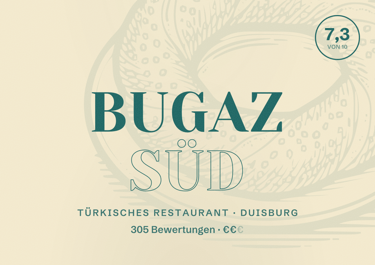 Illustriertes Poster von Bugaz Süd, Türkisches Restaurant in Duisburg: Gästebewertung 7,3 von 10 aus 305 Bewertungen