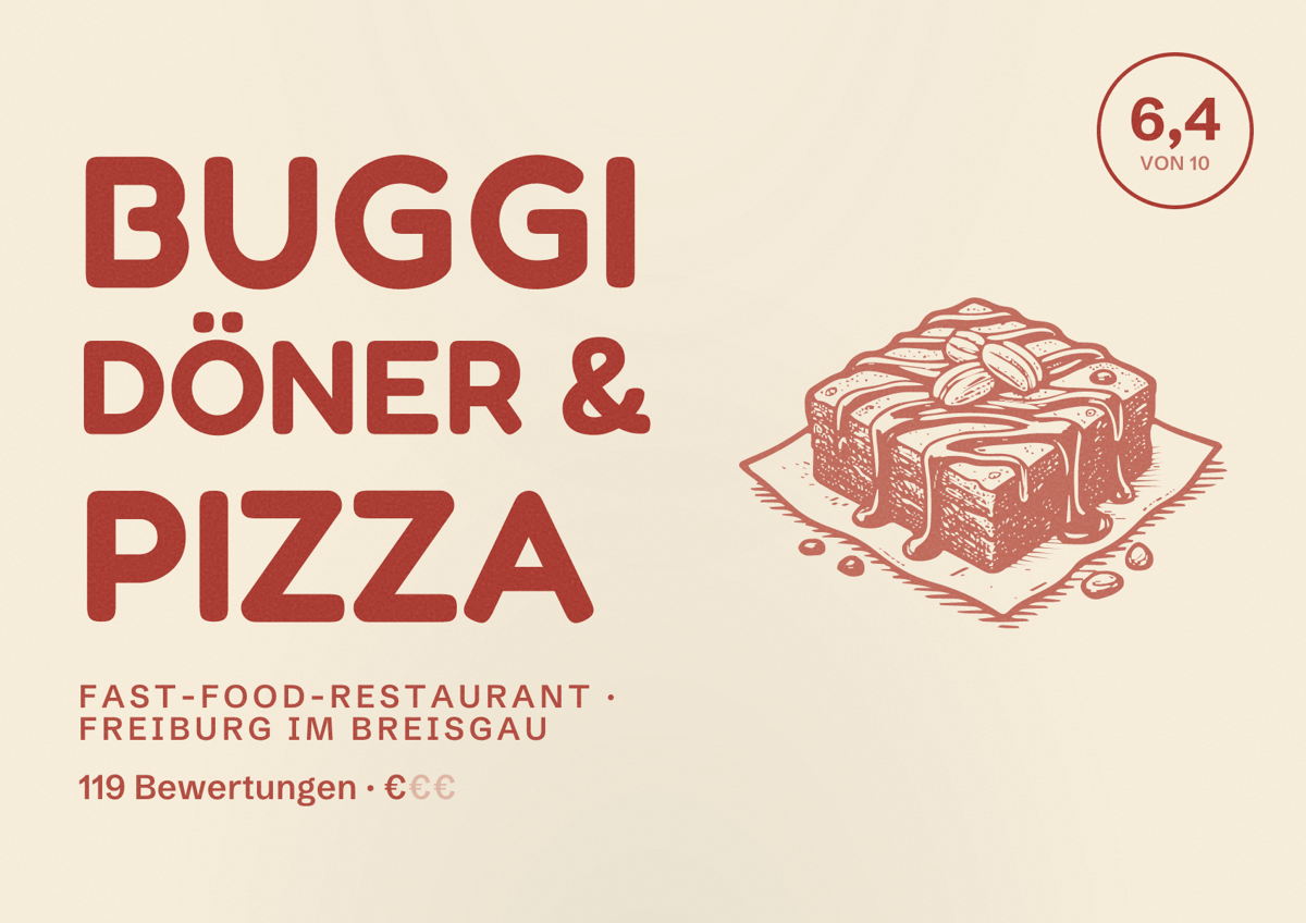 Illustriertes Poster von BUGGI Döner & Pizza, Fast-Food-Restaurant in Freiburg im Breisgau: Bewertung 6,4 von 10 aus 119 Bewertungen, Preisniveau €