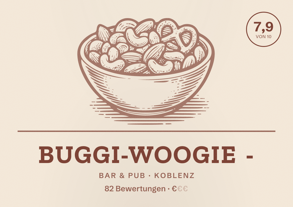Illustriertes Poster von Buggi-Woogie -, Bar & Pub in Koblenz: Bewertung 7,9 von 10 aus 82 Bewertungen, Preisniveau €