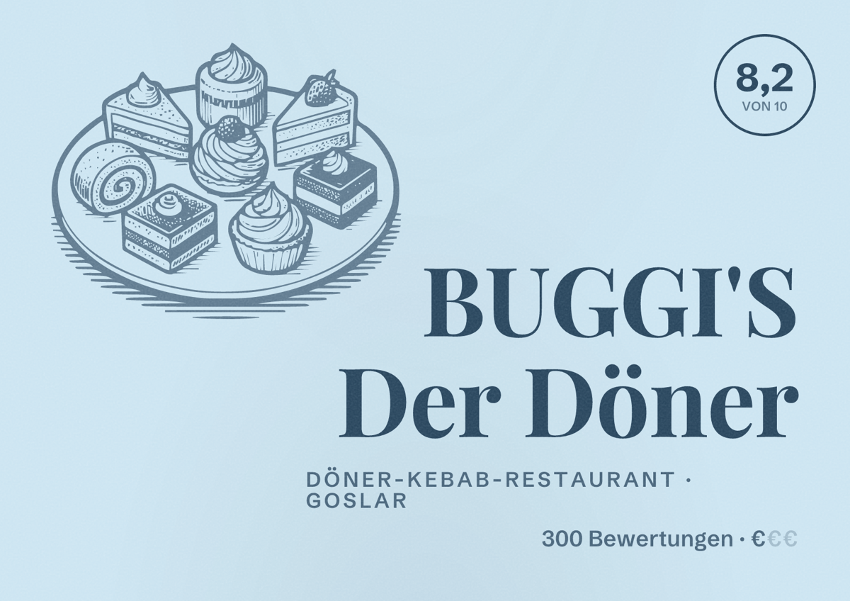 Illustriertes Poster von BUGGI'S Der Döner, Döner-Kebab-Restaurant in Goslar: Bewertung 8,2 von 10 aus 300 Bewertungen, Preisniveau €