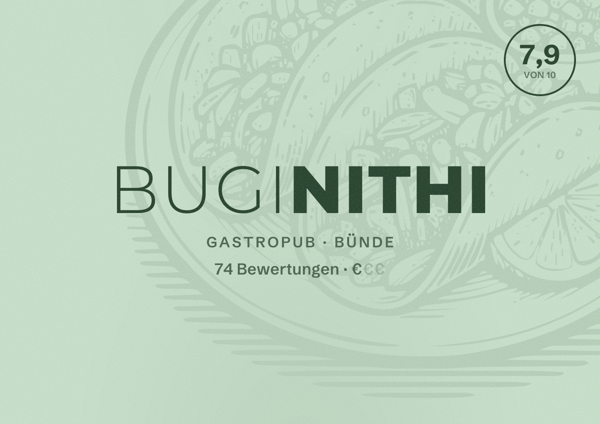 Illustriertes Poster von Buginithi, Gastropub in Bünde: Bewertung 7,9 von 10 aus 74 Bewertungen, Preisniveau €