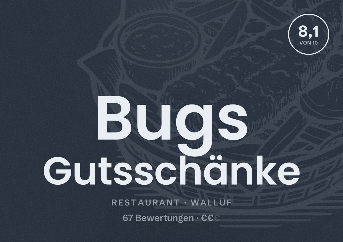 Illustriertes Poster von Bugs Gutsschänke, Restaurant in Walluf: Bewertung 8,1 von 10 aus 67 Bewertungen, Preisniveau €€