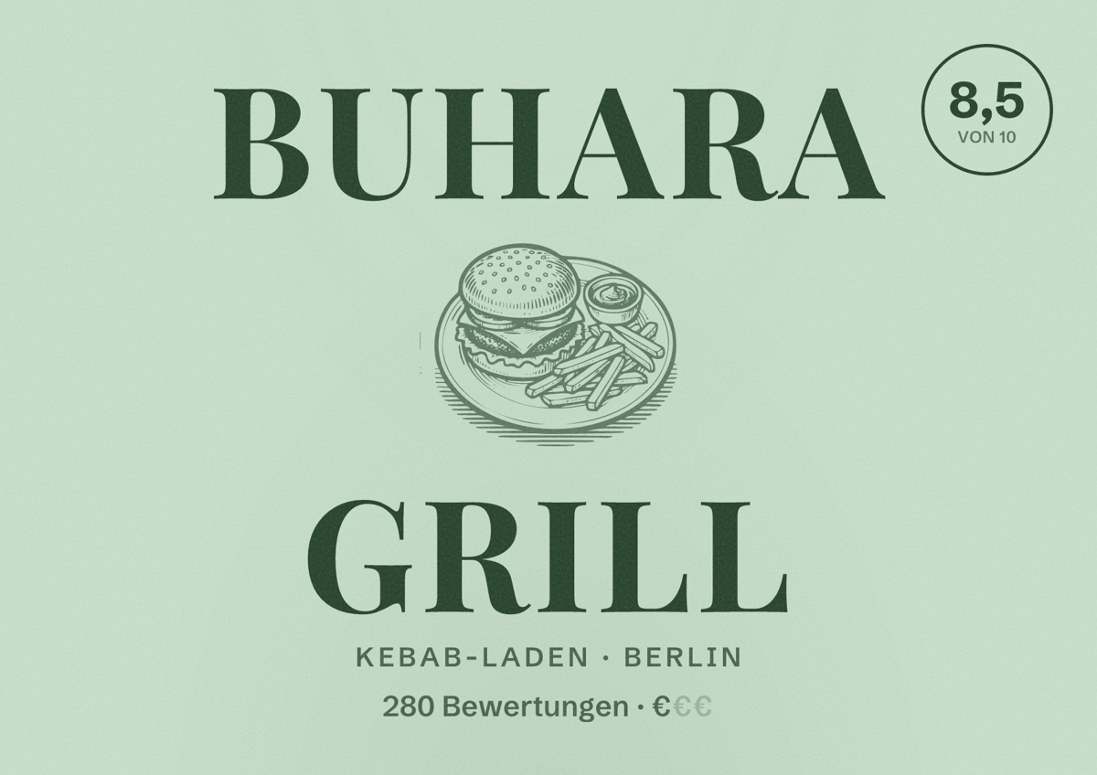 Illustriertes Poster von Buhara Grill, Kebab-Laden in Berlin: Bewertung 8,5 von 10 aus 280 Bewertungen, Preisniveau €