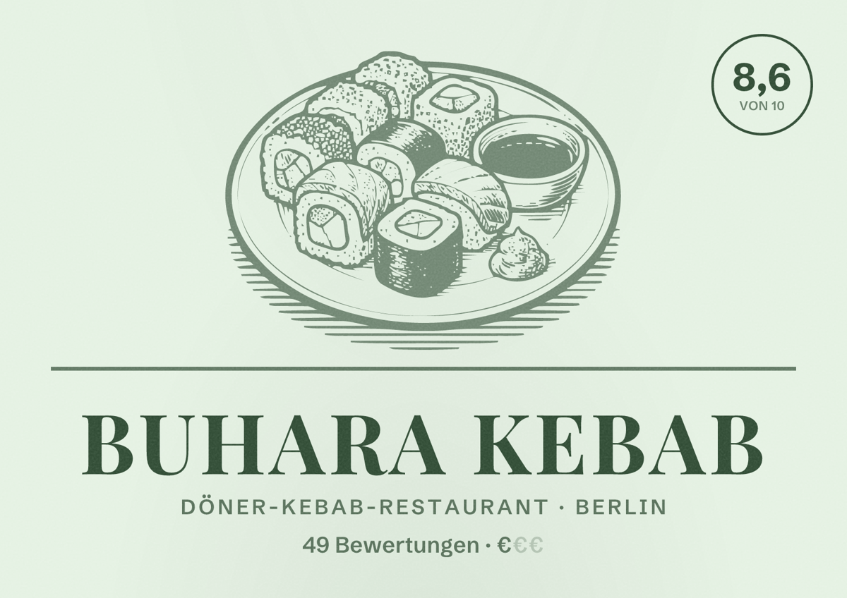 Illustriertes Poster von Buhara Kebab, Döner-Kebab-Restaurant in Berlin: Bewertung 8,6 von 10 aus 49 Bewertungen, Preisniveau €