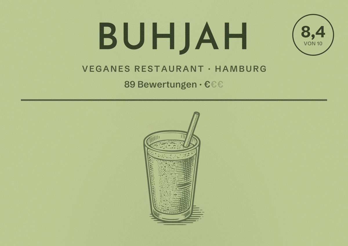 Illustriertes Poster von Buhjah, Veganes Restaurant in Hamburg: Bewertung 8,4 von 10 aus 89 Bewertungen, Preisniveau €