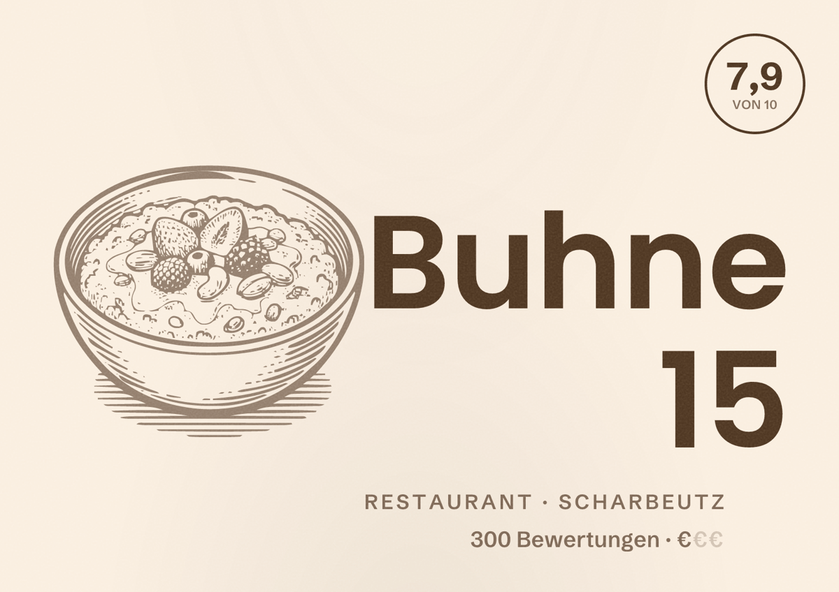 Illustriertes Poster von Buhne 15, Restaurant in Scharbeutz: Bewertung 7,9 von 10 aus 300 Bewertungen, Preisniveau €