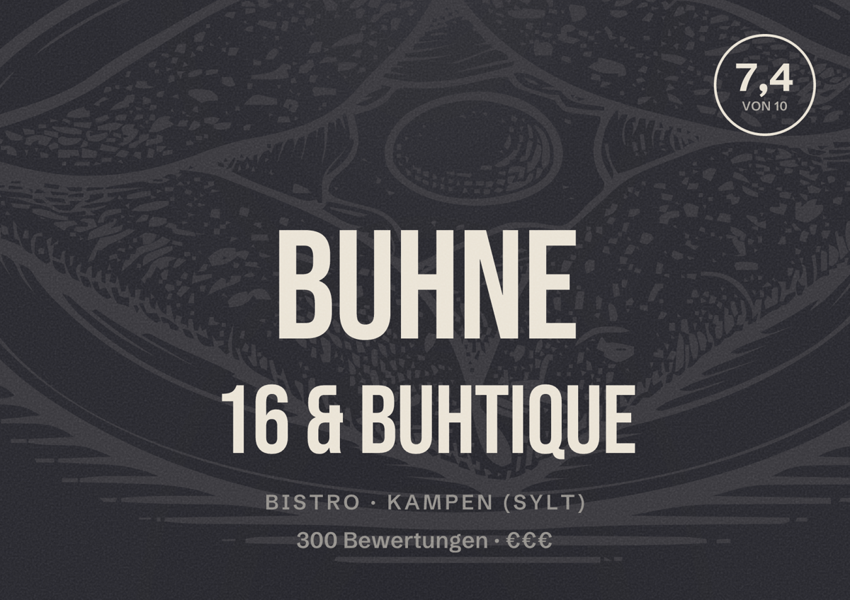 Illustriertes Poster von Buhne 16 & Buhtique, Bistro in Kampen (Sylt): Bewertung 7,4 von 10 aus 300 Bewertungen, Preisniveau €€€