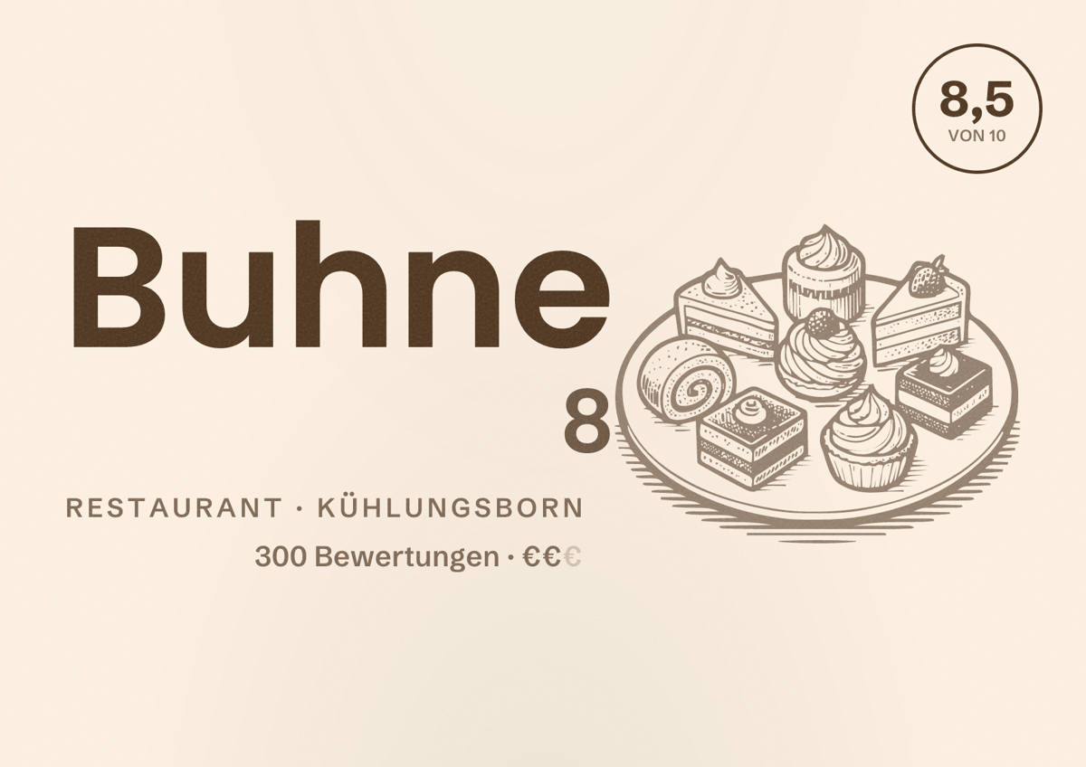 Illustriertes Poster von Buhne 8, Restaurant in Kühlungsborn: Bewertung 8,5 von 10 aus 300 Bewertungen, Preisniveau €€