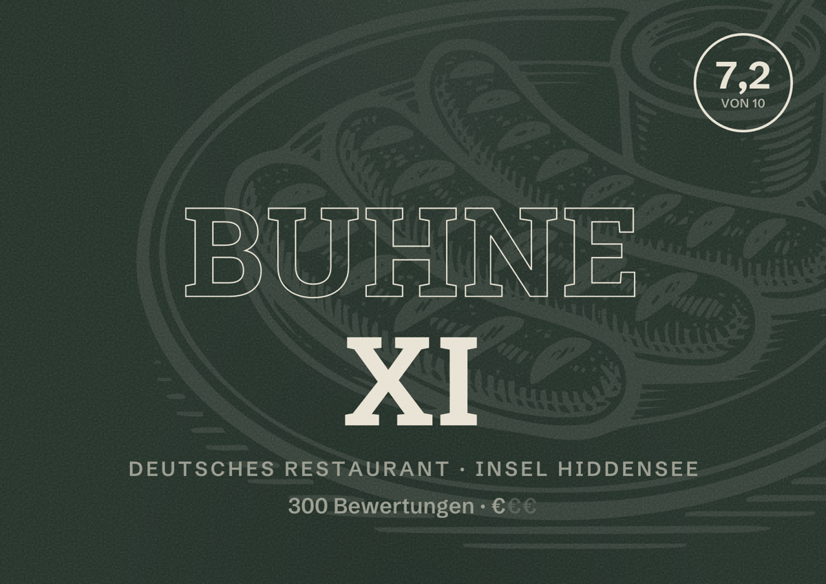 Illustriertes Poster von Buhne XI, Deutsches Restaurant in Insel Hiddensee: Bewertung 7,2 von 10 aus 300 Bewertungen, Preisniveau €