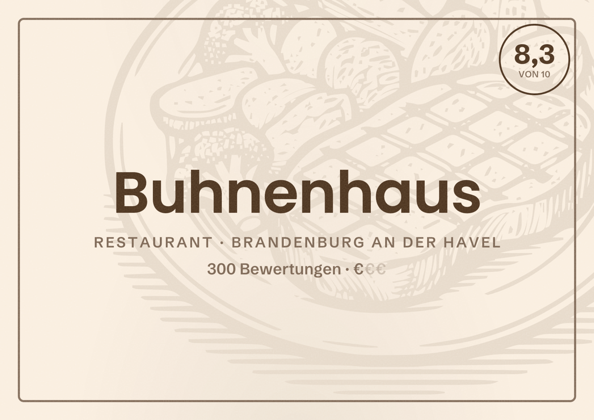 Illustriertes Poster von Buhnenhaus, Restaurant in Brandenburg an der Havel: Bewertung 8,3 von 10 aus 300 Bewertungen, Preisniveau €