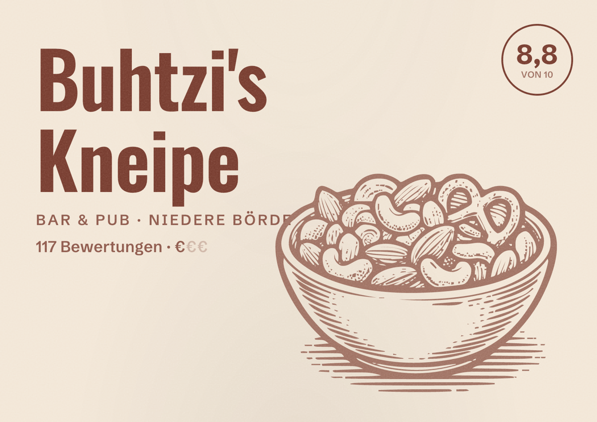 Illustriertes Poster von Buhtzi's Kneipe, Bar & Pub in Niedere Börde: Bewertung 8,8 von 10 aus 117 Bewertungen, Preisniveau €