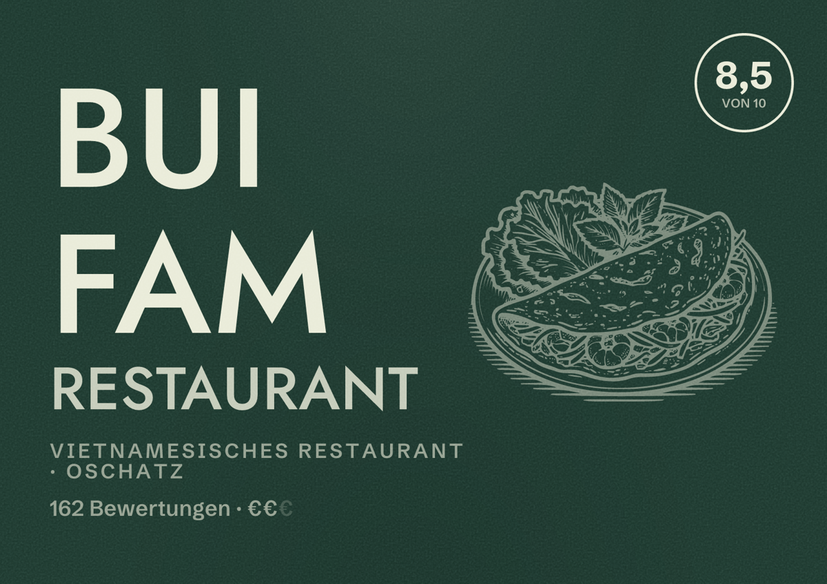 Illustriertes Poster von Bui Fam Restaurant, Vietnamesisches Restaurant in Oschatz: Bewertung 8,5 von 10 aus 162 Bewertungen, Preisniveau €€