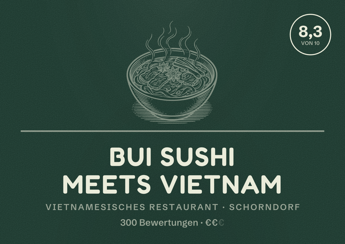 Illustriertes Poster von BUI sushi meets vietnam, Vietnamesisches Restaurant in Schorndorf: Bewertung 8,3 von 10 aus 300 Bewertungen, Preisniveau €€