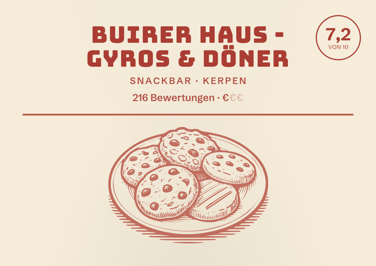 Illustriertes Poster von Buirer Haus - Gyros & Döner, Snackbar in Kerpen: Bewertung 7,2 von 10 aus 216 Bewertungen, Preisniveau €