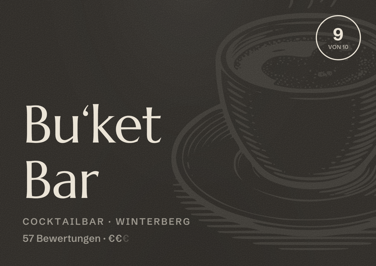Illustriertes Poster von Bu‘ket Bar, Cocktailbar in Winterberg: Bewertung 9 von 10 aus 57 Bewertungen, Preisniveau €€
